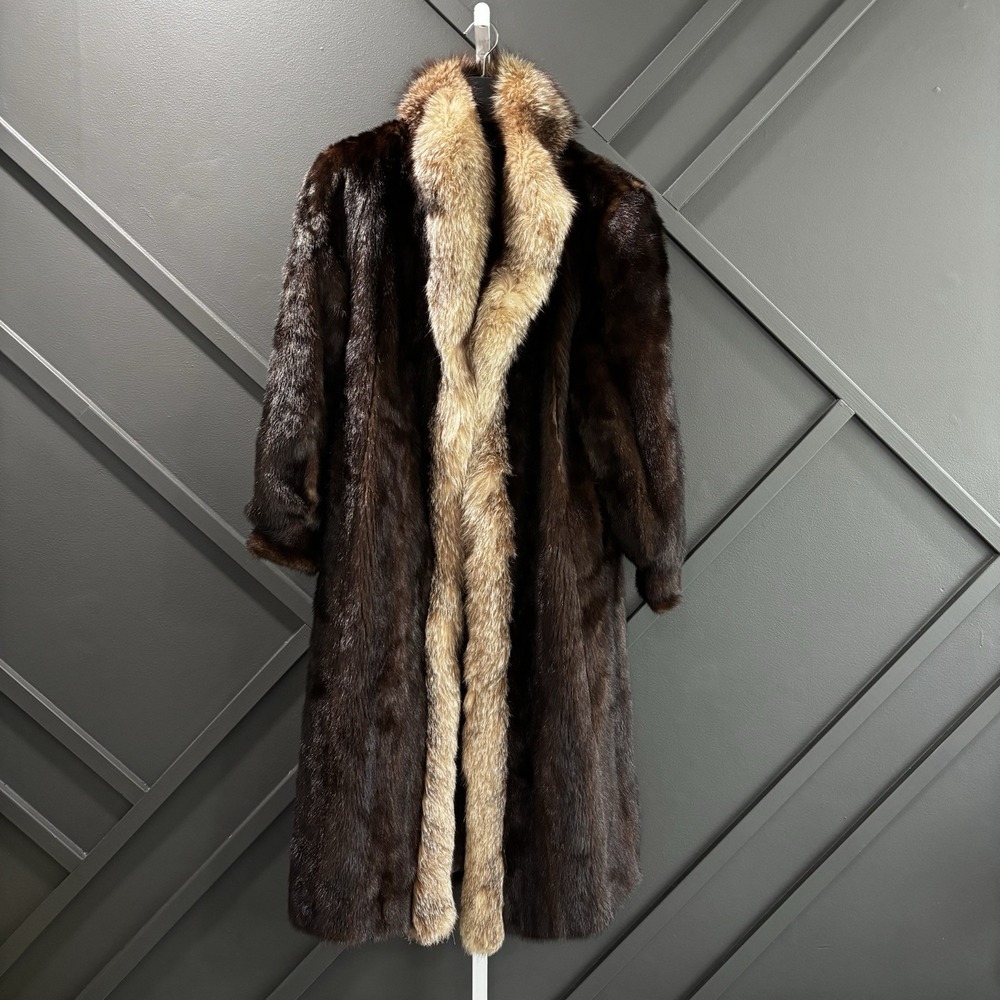 Schumakers Vintage Natural Mink Fur Coat Contrast Trim Brown Womens Size 16